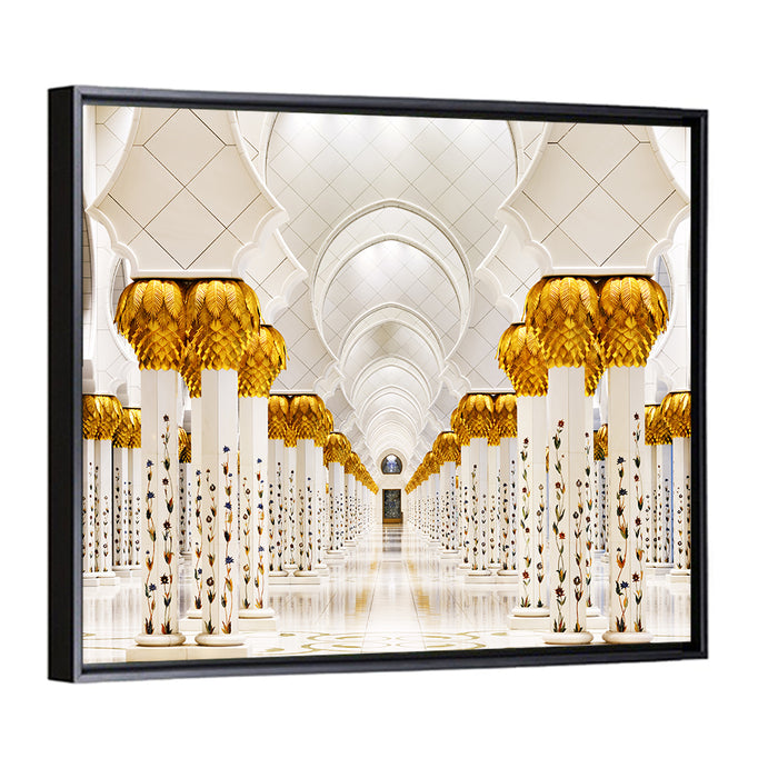 Sheikh Zayed Grand Mosque Colonnade Wall Art as a framed canvas