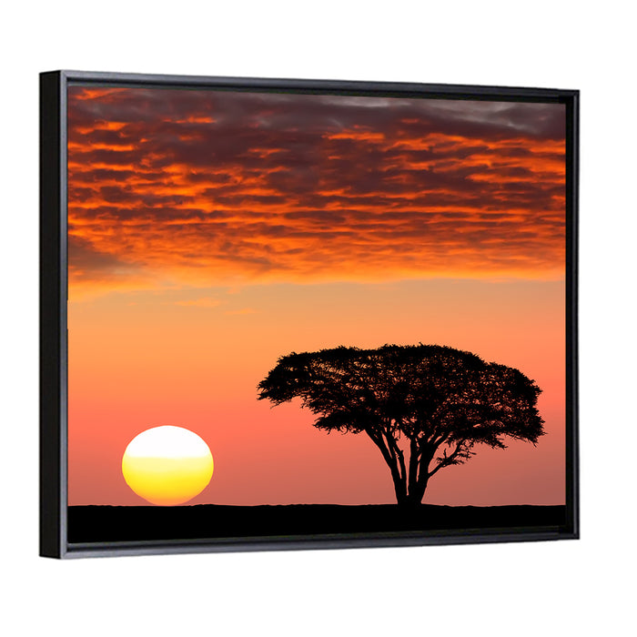 Serengeti Sunset Silhouette Wall Art as a framed canvas