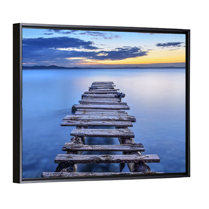 Weathered Lake Pier at Dusk Wall Art as a framed canvas
