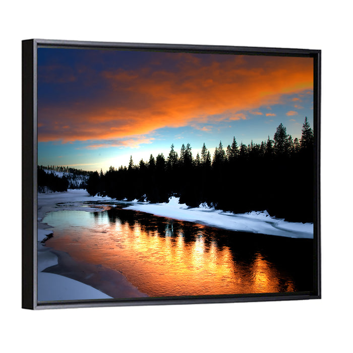 Golden Sunset Over Snowy River Wall Art as a framed canvas