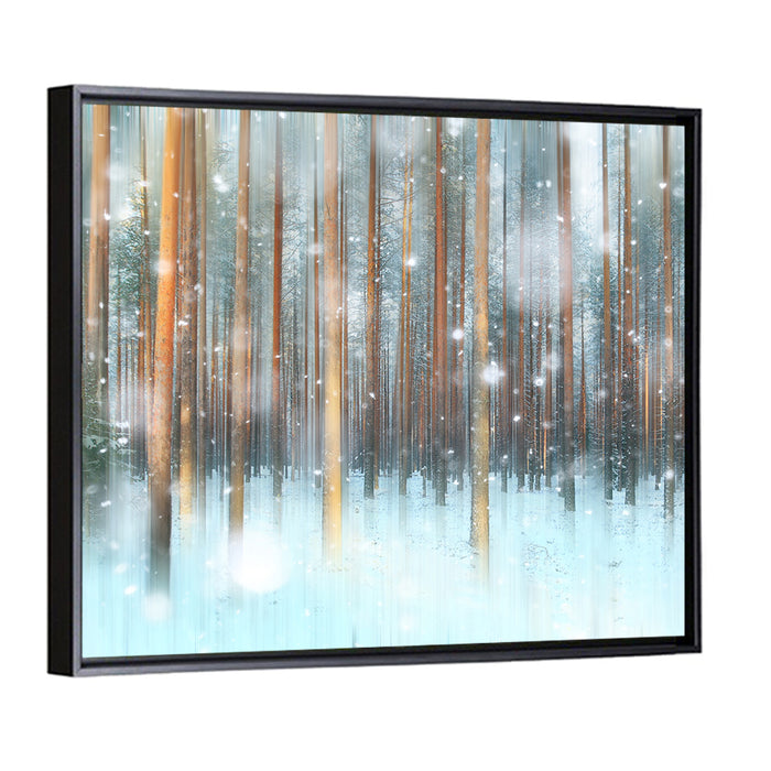 Ethereal Snowy Pine Forest Wall Art as a framed canvas