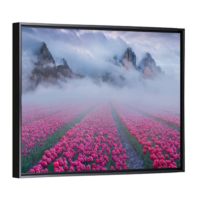 Misty Pink Tulip Field Wall Art as a framed canvas