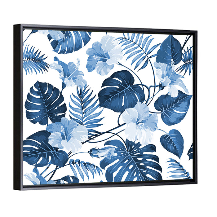 Blue Tropical Palm Leaves Wall Art as a framed canvas