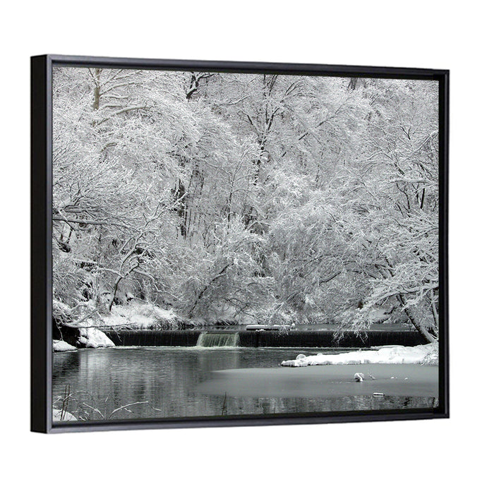 Fairmount Park Winter Spillway Wall Art as a framed canvas