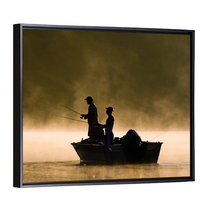Misty Lake Fishing Wall Art as a framed canvas