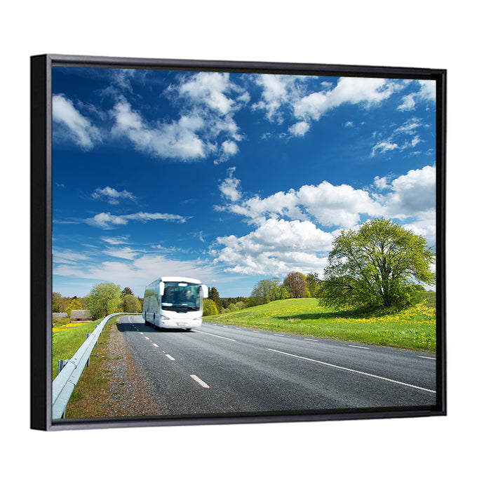 White Bus on Meadow Road Wall Art as a framed canvas