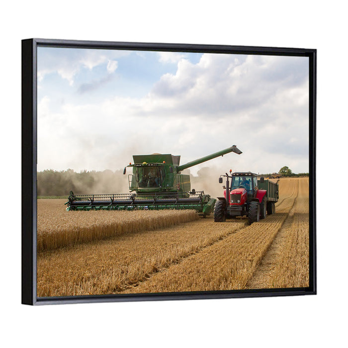 Wheat Harvest with Combine and Tractor Wall Art as a framed canvas