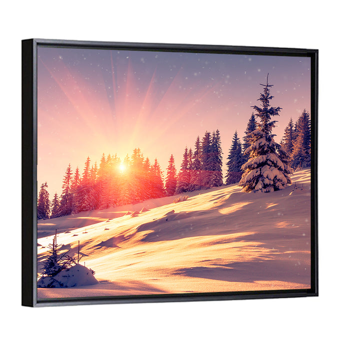 Winter Mountains Sunrise Wall Art as a framed canvas