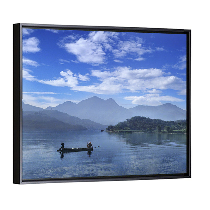 Sun Moon Lake Morning Mist Wall Art as a framed canvas