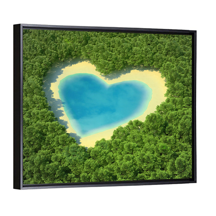Heart-shaped Pond Aerial View Wall Art as a framed canvas