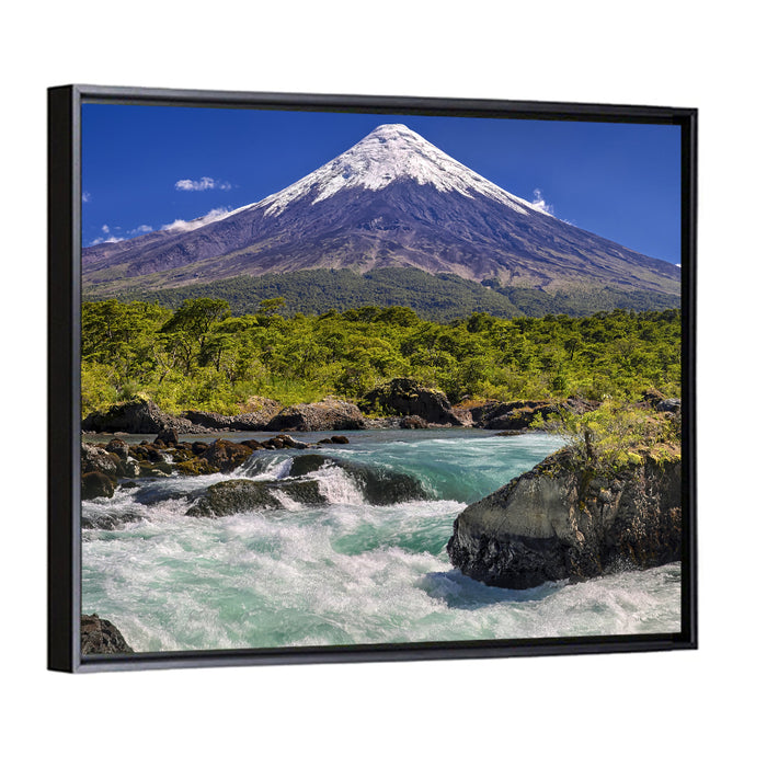 Osorno Volcano Over Petrohue Rapids Wall Art as a framed canvas