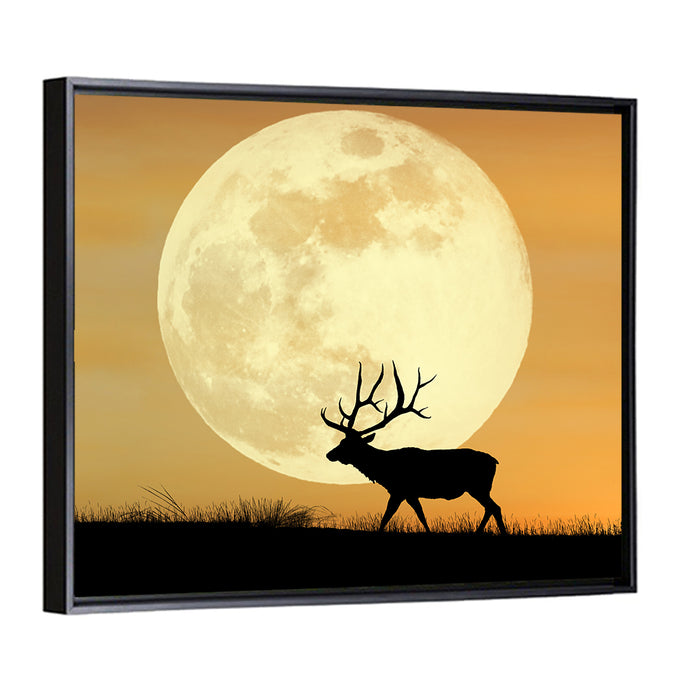 Bull Elk Silhouette Under Supermoon Wall Art as a framed canvas