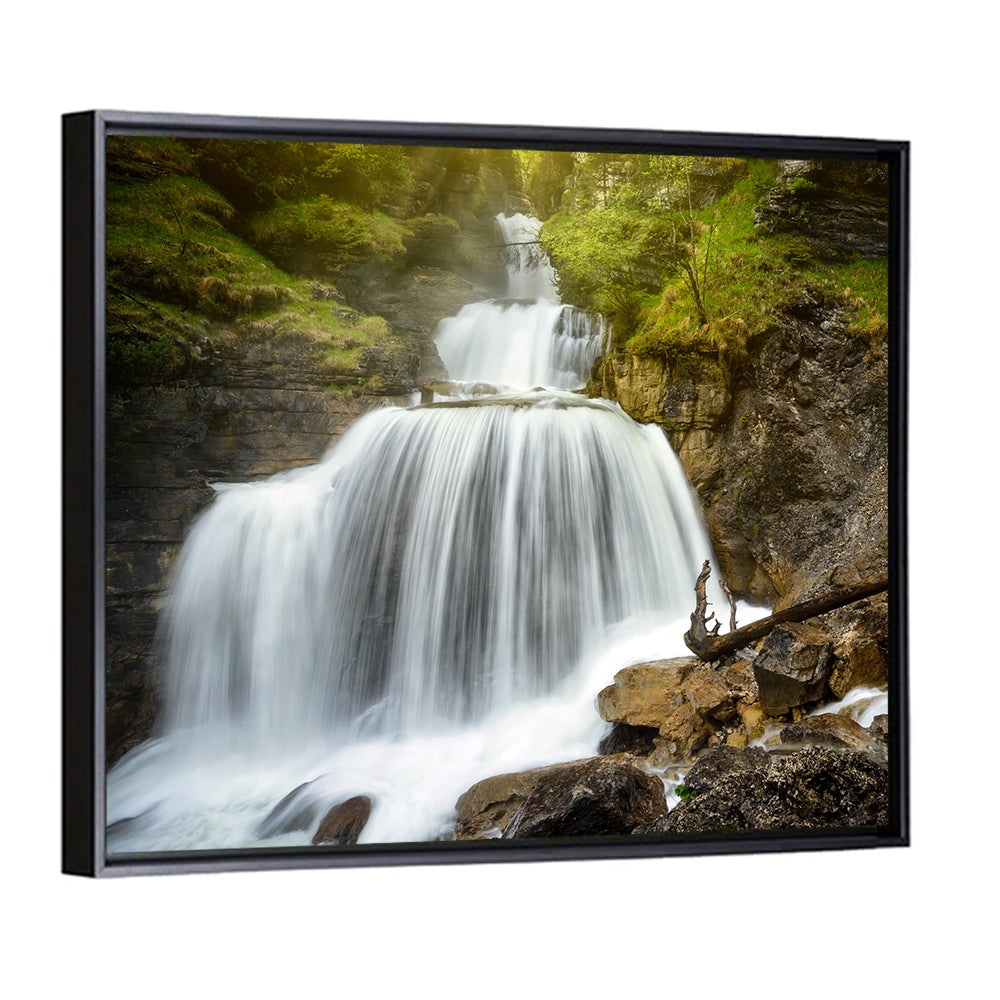 White Cascade Over Mossy Rocks Wall Art, framed canvas, square