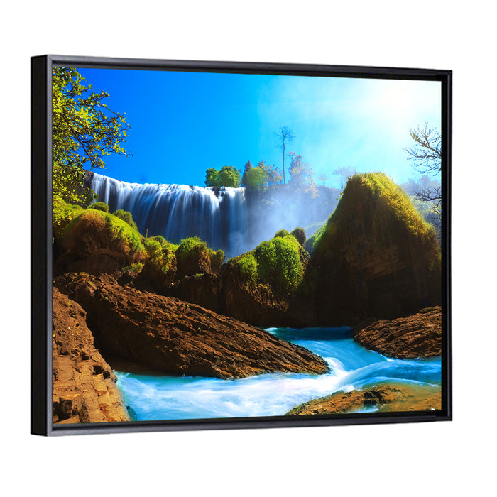 Sunlit Turquoise Waterfall Wall Art as a framed canvas
