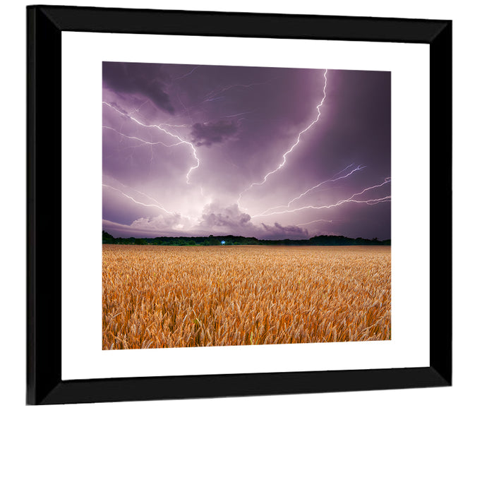 Lightning Over Wheat Field Wall Art as a framed print