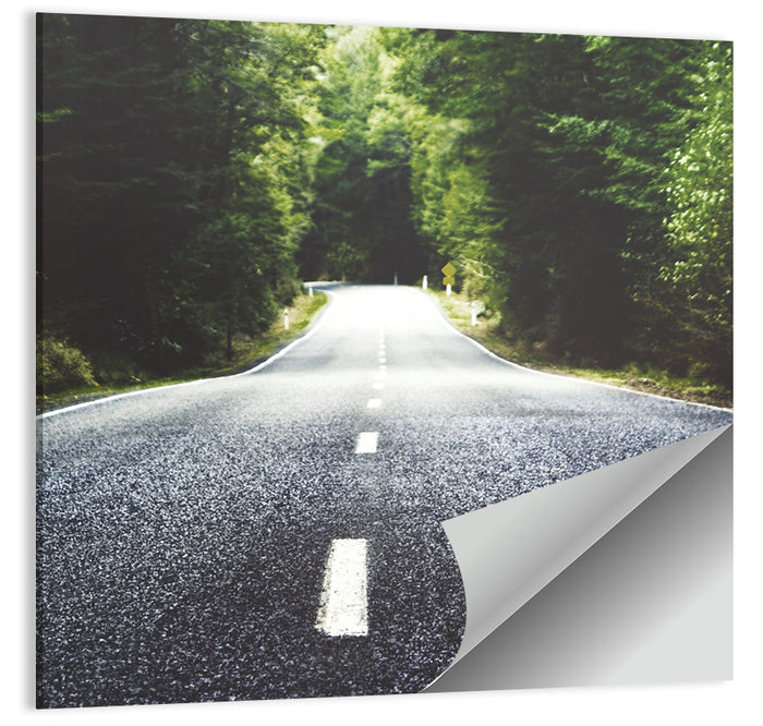 Summer Forest Road with Yellow Sign Wall Art as a poster print