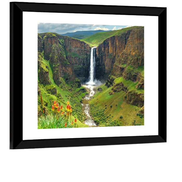 Maletsunyane Falls with Torch Lilies Wall Art as a framed print
