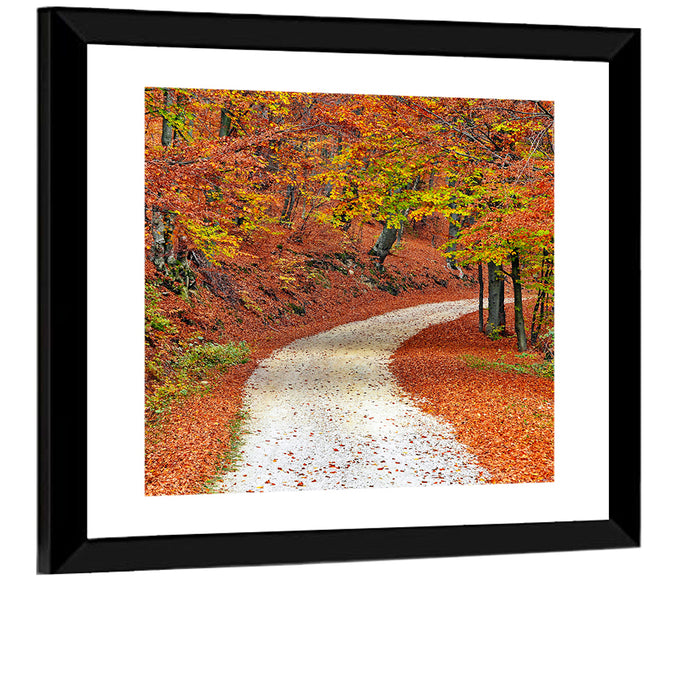 Misty Gravel Path Through Autumn Trees Wall Art as a framed print