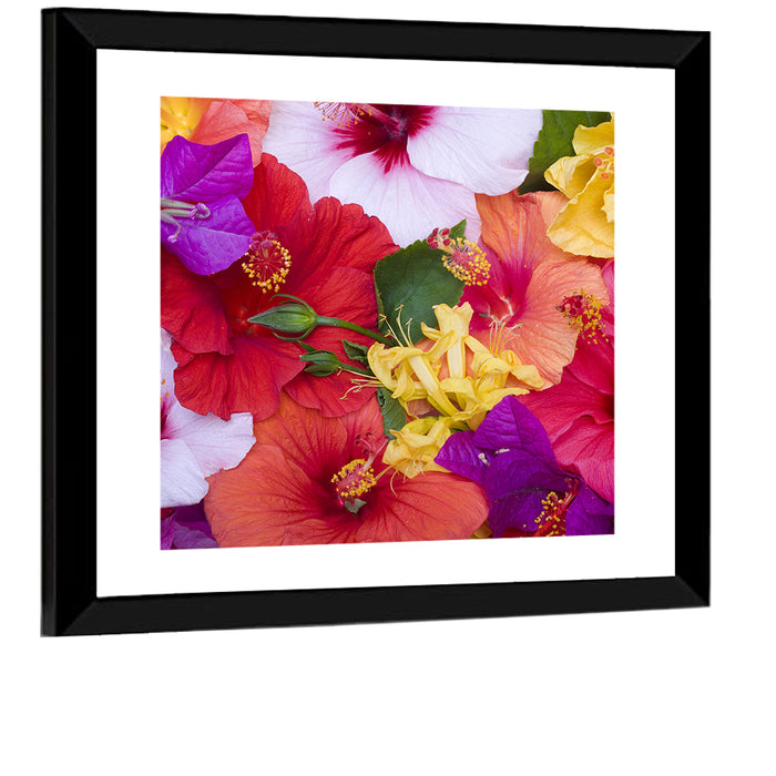 Tropical Bougainvillea and Hibiscus Bloom Wall Art as a framed print
