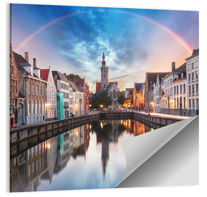 Bruges Twilight Rainbow Over Spiegelrei Canal Wall Art as a poster print