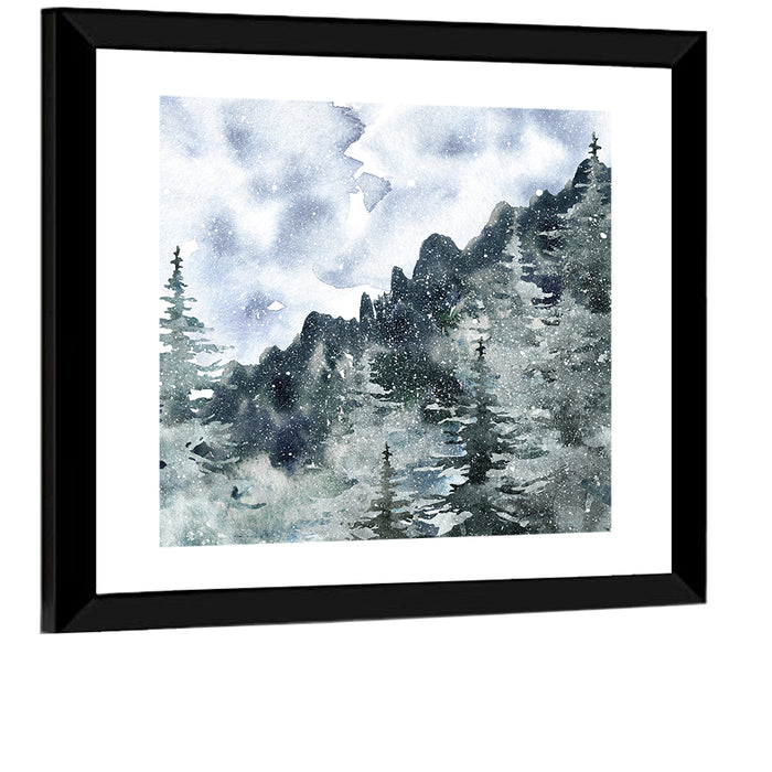 Snowfall Mountain Forest Illustration Wall Art as a framed print
