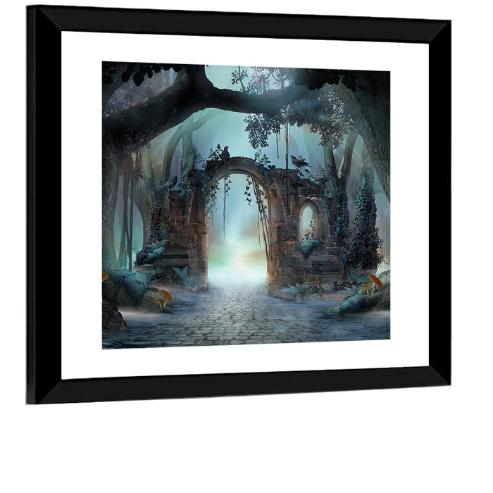Enchanted Foggy Forest Wall Art as a framed print