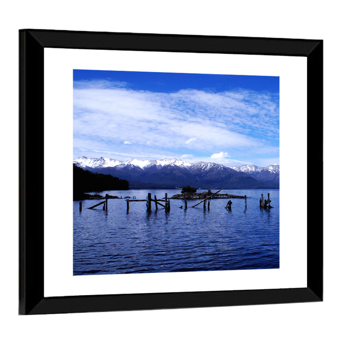 Nahuel Huapi Lake with Wooden Pilings Wall Art as a framed print