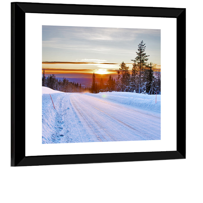 Snowy Road at Sunset Wall Art as a framed print