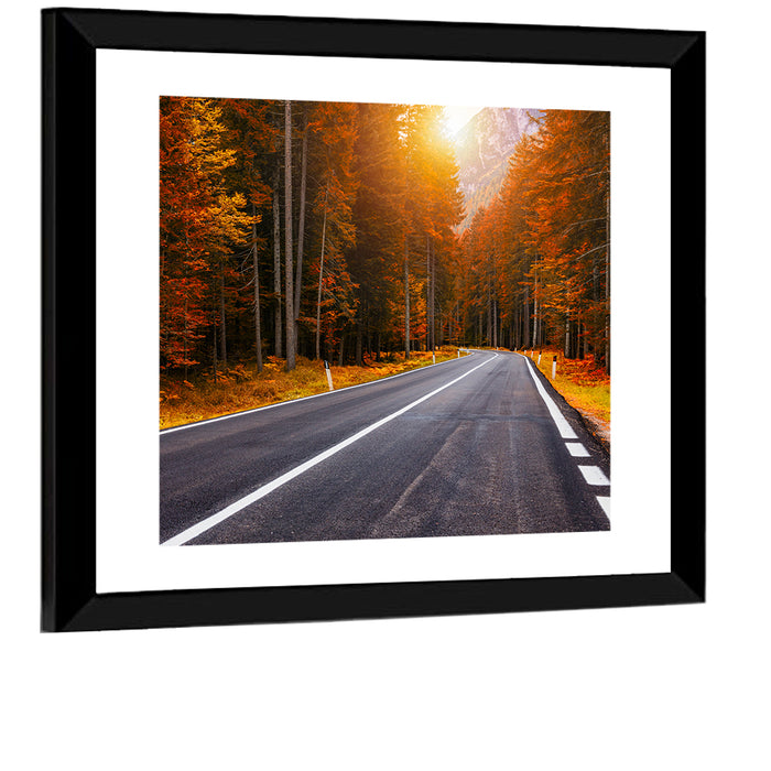 Golden Hour Forest Road Wall Art as a framed print