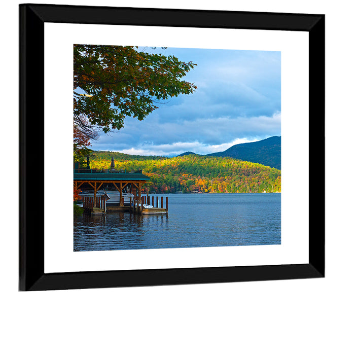 Lake George Boathouse in Autumn Wall Art as a framed print