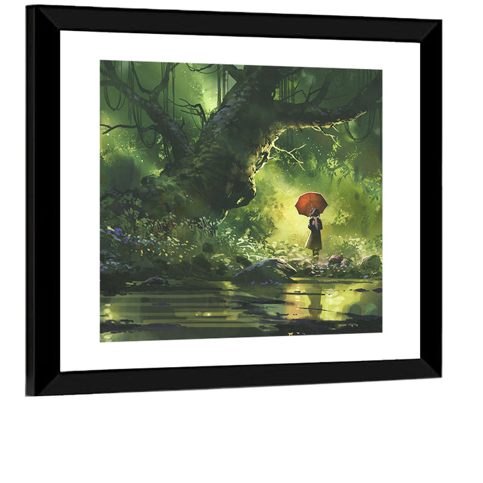 Girl with Umbrella in Mysterious Forest Wall Art as a framed print