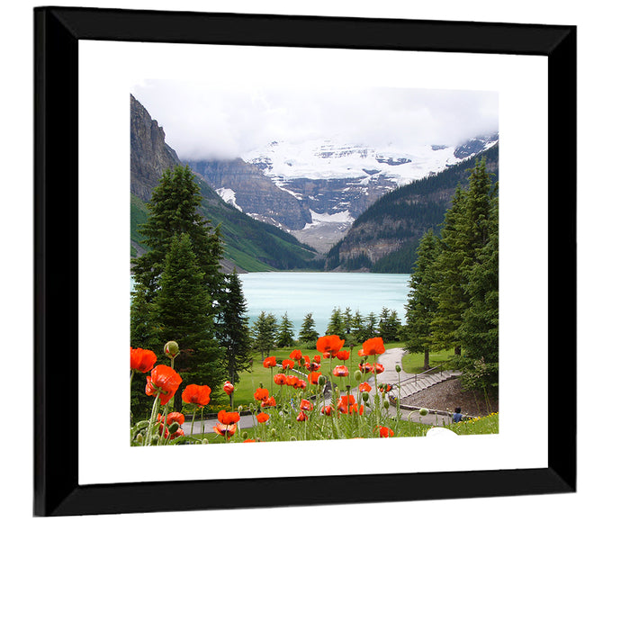 Lake Louise Poppies Wall Art as a framed print