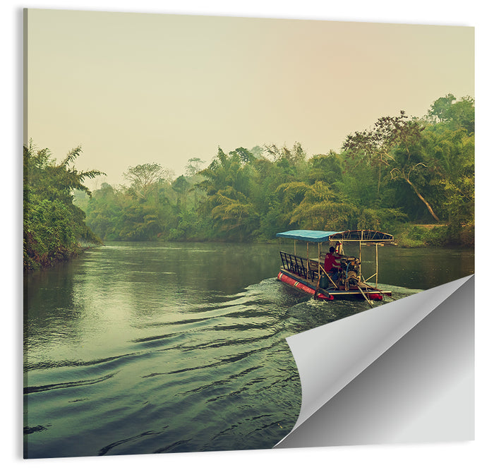 Misty Long-tail Boat on River Kwai Wall Art as a poster print