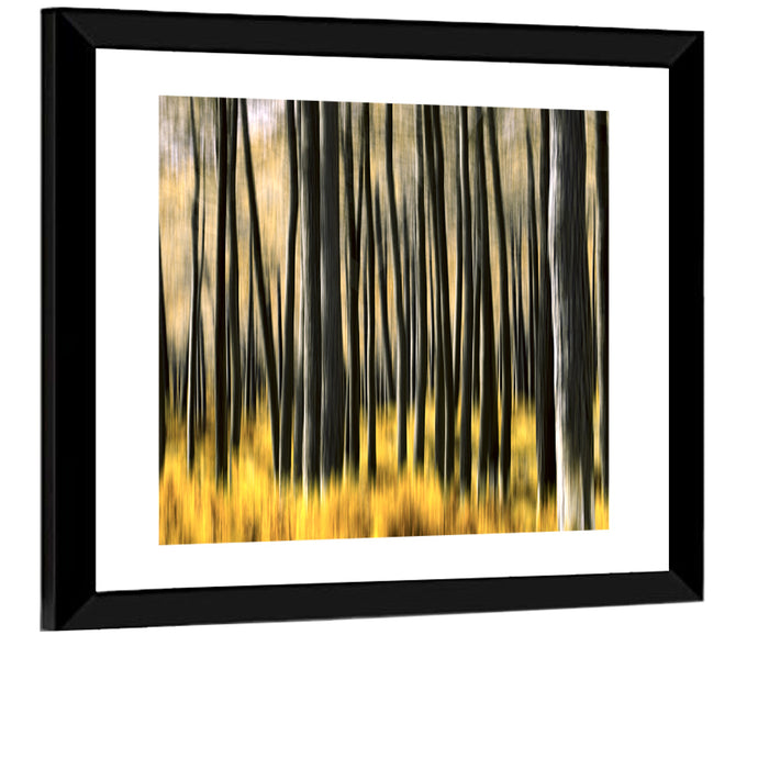 Golden Abstract Forest Wall Art as a framed print