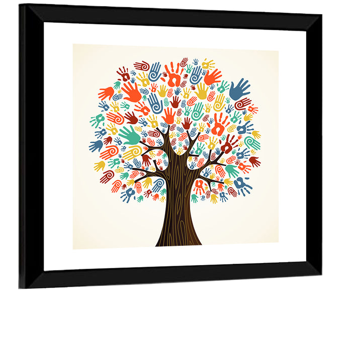 Colorful Handprint Tree Wall Art as a framed print