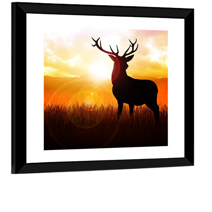 Golden Hour Deer Silhouette Wall Art as a framed print