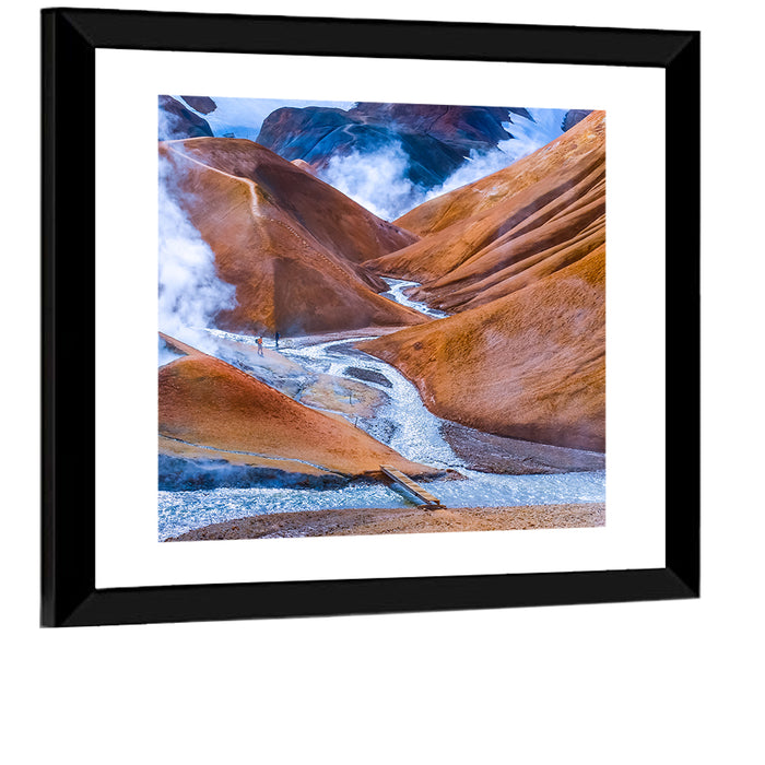 Geothermal Valley with Footbridge Wall Art as a framed print