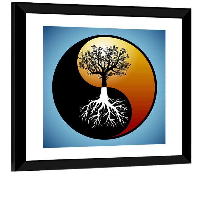 Yin Yang Tree Illustration Wall Art as a framed print