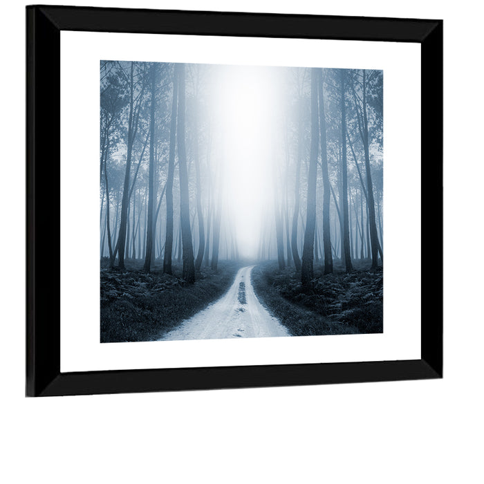 Misty Forest Road at Twilight Wall Art as a framed print