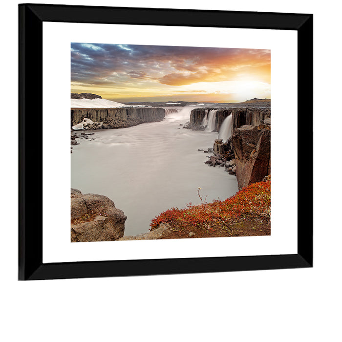 Selfoss Waterfall at Sunset Wall Art as a framed print