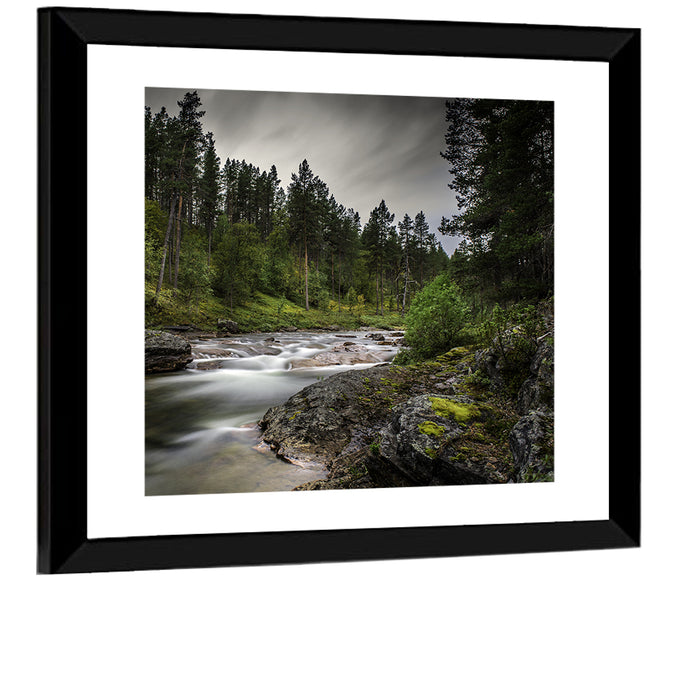 Mossy Forest Stream Wall Art as a framed print