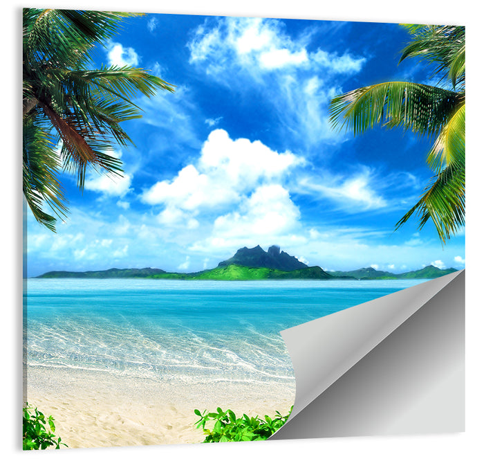 Palm-framed Tropical Island Beach Wall Art as a poster print