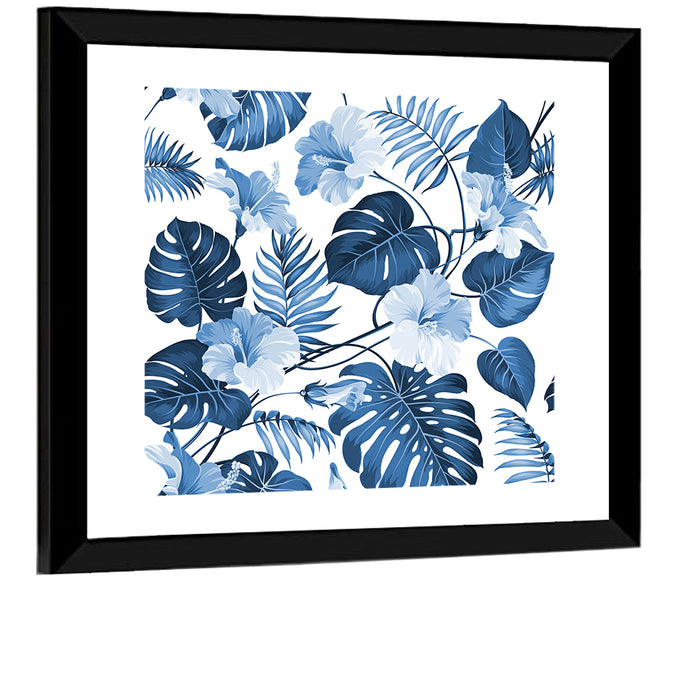 Blue Tropical Palm Leaves Wall Art as a framed print