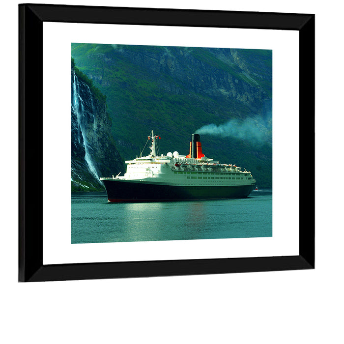 Cruise Ship at Geiranger Fjord Wall Art as a framed print