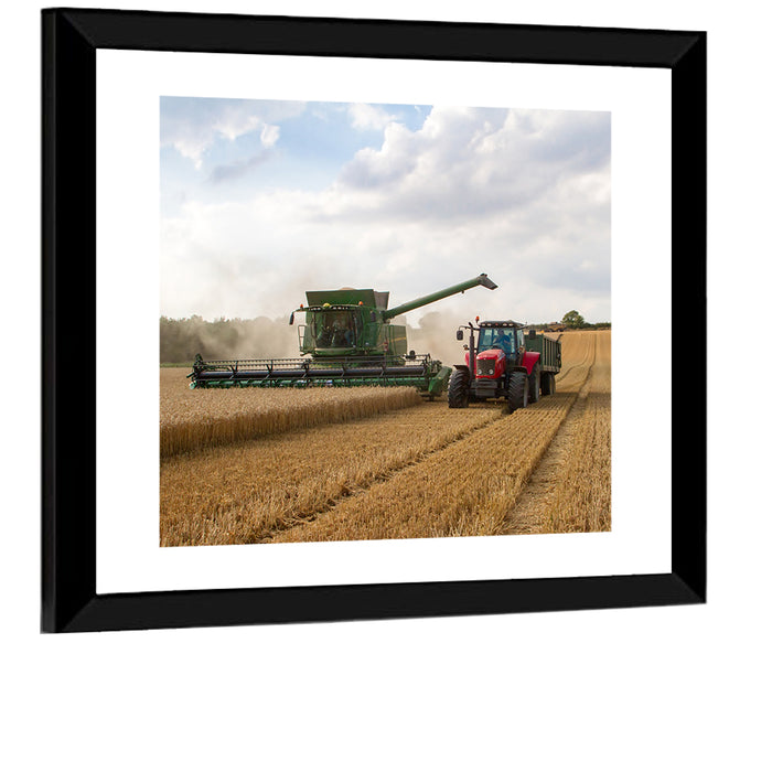 Wheat Harvest with Combine and Tractor Wall Art as a framed print