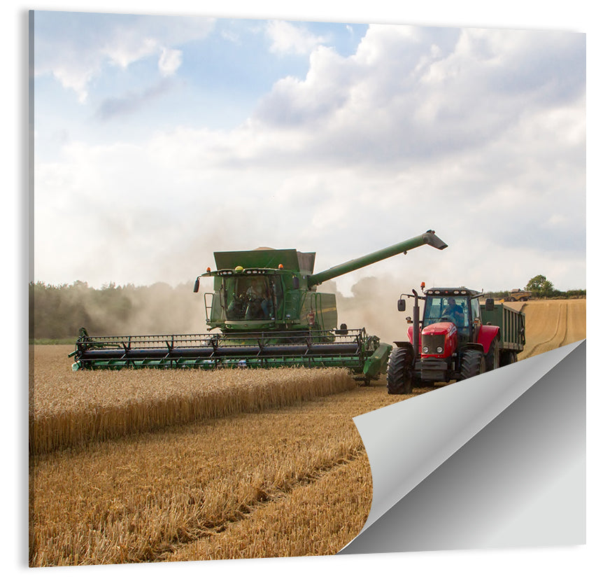 Wheat Harvest with Combine and Tractor Wall Art, poster print, square