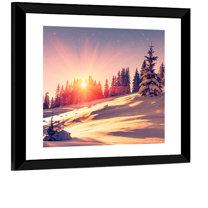 Winter Mountains Sunrise Wall Art as a framed print