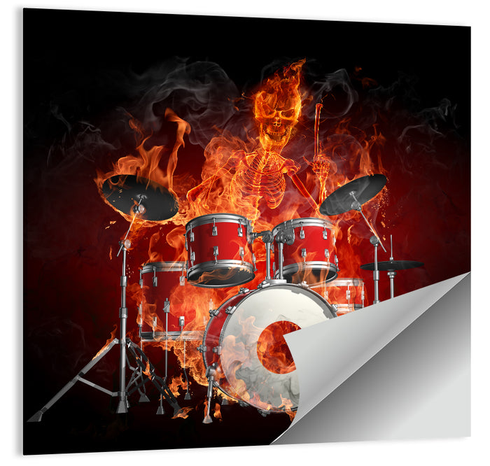 Flaming Skeleton Drummer Wall Art as a poster print