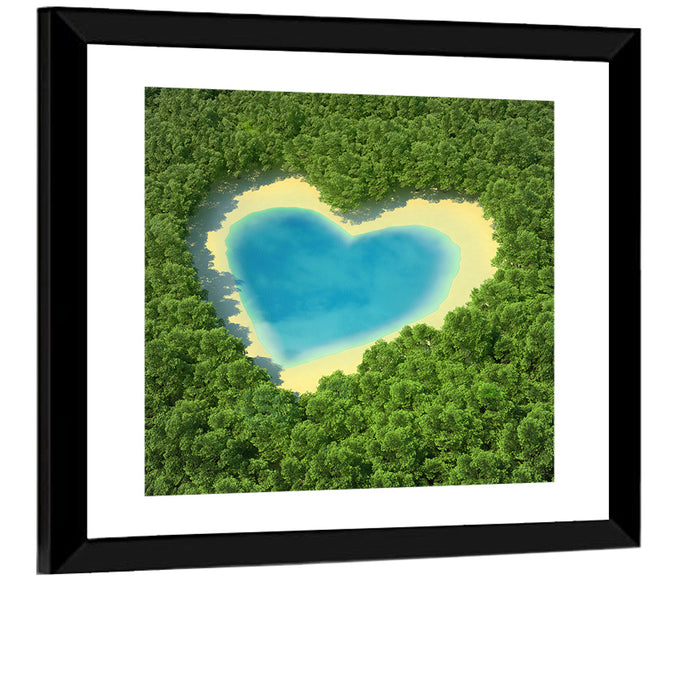 Heart-shaped Pond Aerial View Wall Art as a framed print
