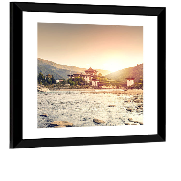 Punakha Dzong at Golden Hour Wall Art as a framed print